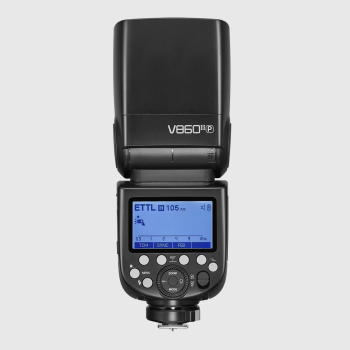 Godox V860III Pentax flash showing the HSS TTL LCD screen and the TTL/M quick switch control.